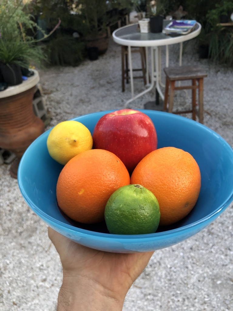 A bowl of fruit is shown with an orange and lime.