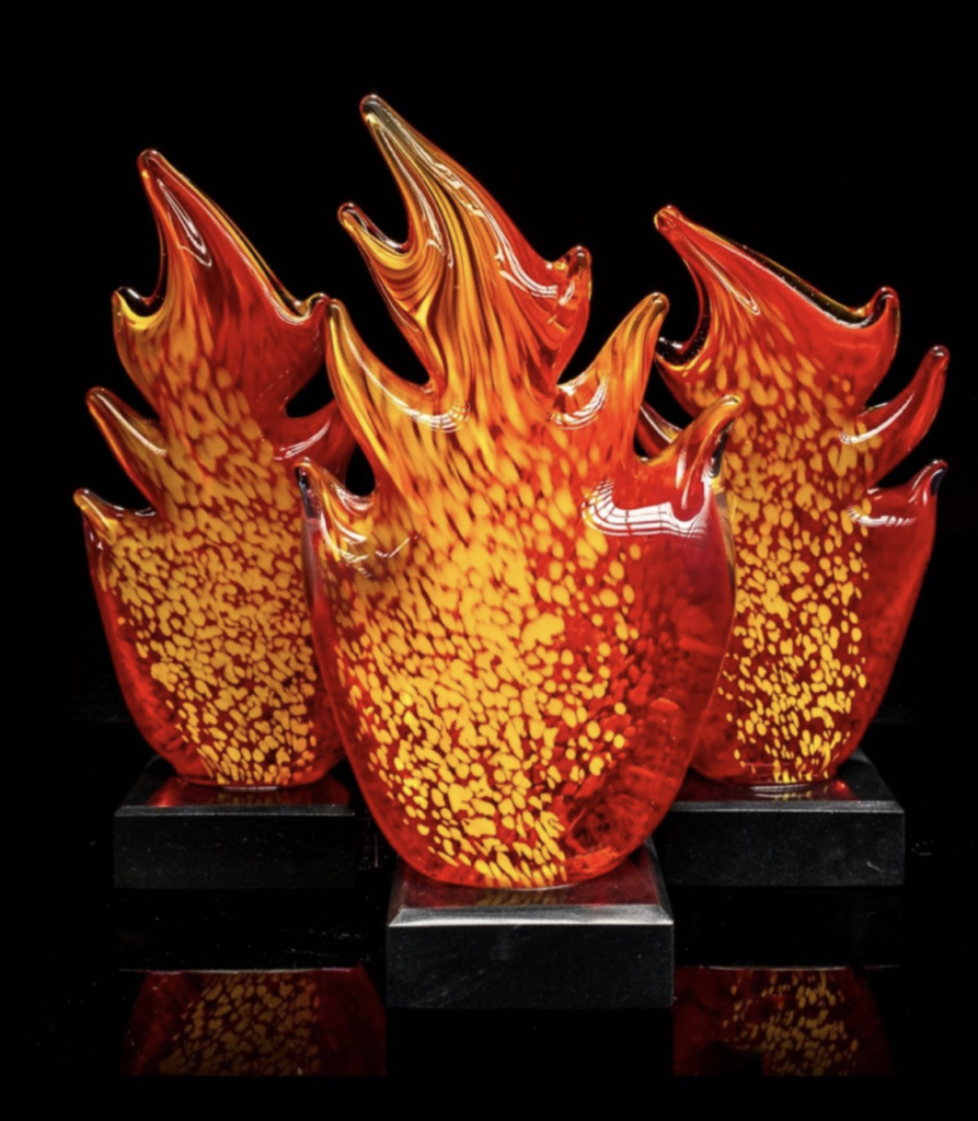 custom blown glass flame awards created by Zen Glass Studio